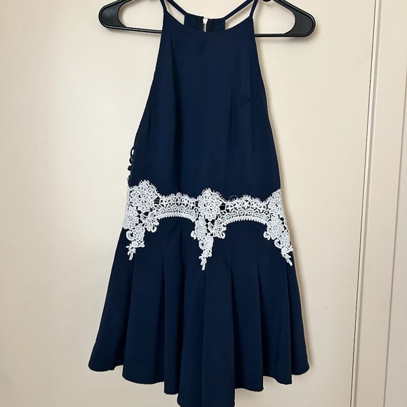 Pants - Navy Blue Halter Neck Romper with White Lacy Detail and Open Back
